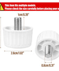 Smooth Operator Fridge Leveling Feet Polyurethane Round Foot Pads set of four, white pads with steel screw, dimensions labeled.