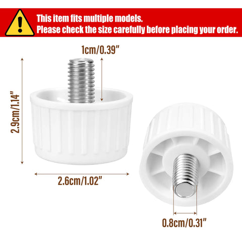 Smooth Operator Fridge Leveling Feet Polyurethane Round Foot Pads set of four, white pads with steel screw, dimensions labeled.