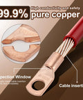 Close-up of Thickened Copper Wire Lugs Kit with pure copper lugs and red cable, highlighting cable insertion and inspection window.