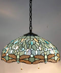 Tiffany Style Sea Blue Stained Glass Dragonfly Pendant Light, 16 Inch Wide, antique bronze finish, illuminated
