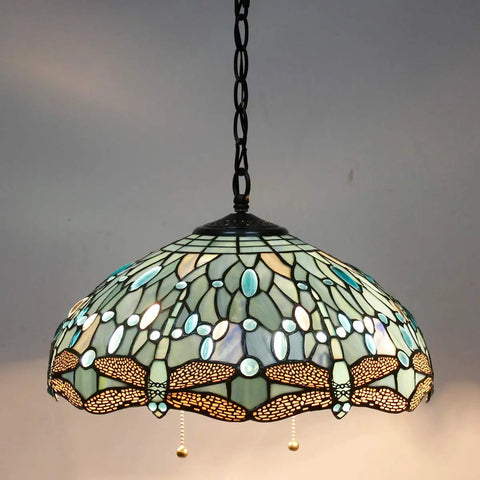 Tiffany Style Sea Blue Stained Glass Dragonfly Pendant Light, 16 Inch Wide, antique bronze finish, illuminated