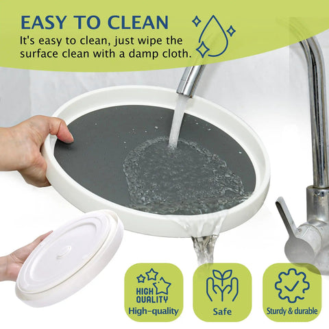 Set Of 4 10 Inch Rotating Lazy Susan Organizer With Non Skid Beaded Surface being rinsed under tap water for easy cleaning