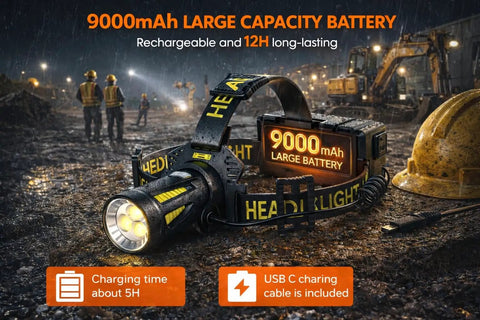 Rechargeable Headlamp With Red And White Light 800 Lumens From High Output Pro LED Chip shown on a worksite with battery details