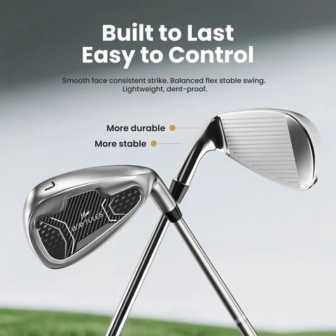 8 Piece Golf Club Set For Men With Stand Bag Driver Hybrid 5 7 9 Pitching Wedge Putter Right Handed Black Great For Beginners And Casual Players With High Forgiveness And Ample Distance Game Ready Feel irons close-up.