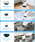 Demonstrating 4 brush heads of a Cordless Electric Spin Scrubber With 8 Replaceable Heads, 360 Power Scrubber for various cleaning tasks.