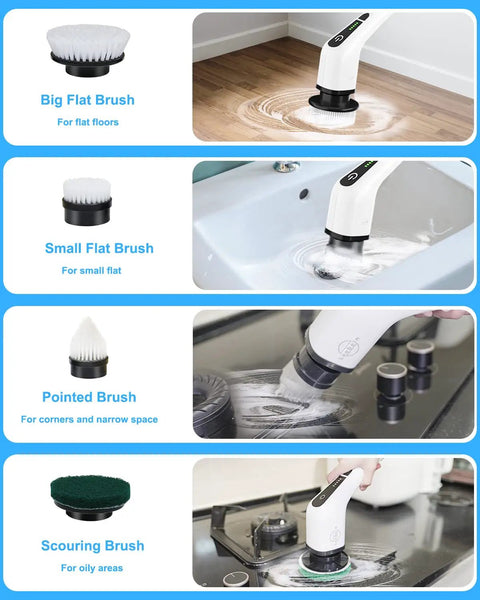 Demonstrating 4 brush heads of a Cordless Electric Spin Scrubber With 8 Replaceable Heads, 360 Power Scrubber for various cleaning tasks.