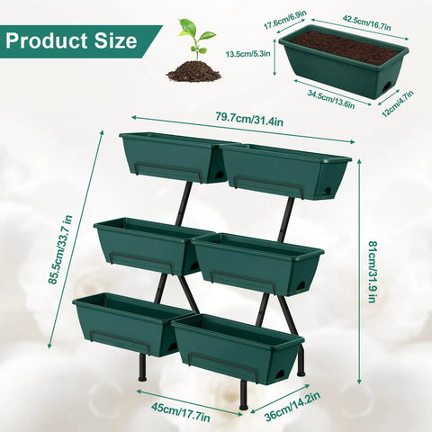 Two Column Vertical Raised Garden Bed With Six Planter Boxes, Heavy Duty Tiered Outdoor Indoor Garden Bed With Drainage Holes And Removable Trays For Flowers Vegetables And Herbs, Sturdy Green, dimensions overlay