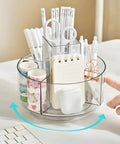360 Degree Rotating Makeup Organizer Turntable for Vanity and Bathroom Counter with pens, clips, and accessories in compartments