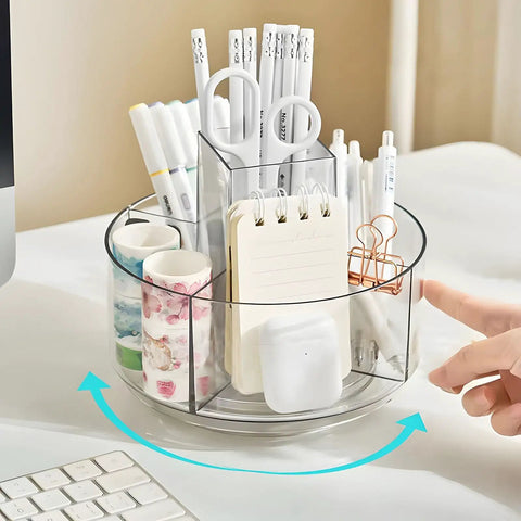 360 Degree Rotating Makeup Organizer Turntable for Vanity and Bathroom Counter with pens, clips, and accessories in compartments