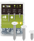 Self Tapping Wood Screws Set 120 Pieces No 8 White Flat Head Assortment For Wood Cabinets And Furniture in box with three screw sizes