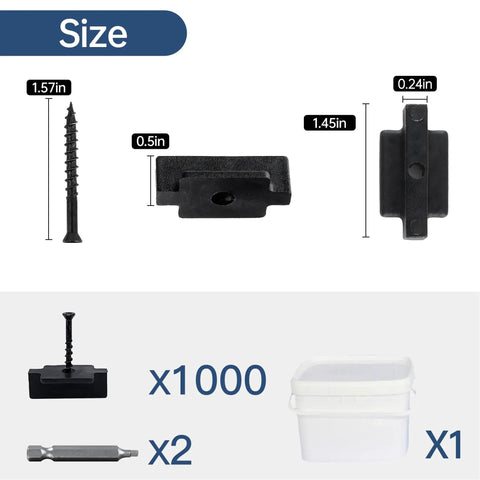 Heavy Duty 1000 Pack Nylon Hidden Deck Fasteners With Preloaded Stainless Screws showing sizes, including screws and clips, for composite board install.