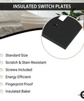Close-up of black insulated switch plate features; text details durability, energy efficiency, and scratch resistance