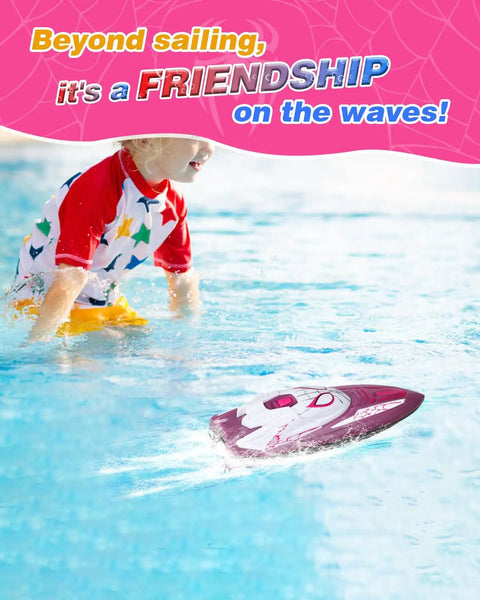 Child playing with Spider Hero RC Boat With LED Lights, Spray Function, 2.4GHz Remote in a pool