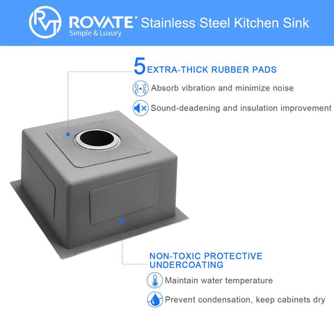 Bar Sink 15 By 15 By 8 Inch Undermount Single Bowl Stainless Steel Kitchen Sink T-304 With Strainer, back view with rubber pads.