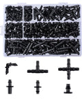Front view: 280-piece irrigation barbed fittings kit for 1/4 in tubing; black connectors in a clear box.