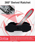 Brake caliper piston compression tool kit with red ergonomic handle and black base, 360° swivel ratchet.