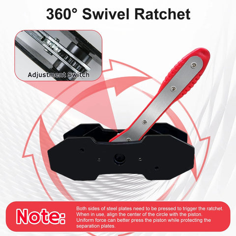 Brake caliper piston compression tool kit with red ergonomic handle and black base, 360° swivel ratchet.