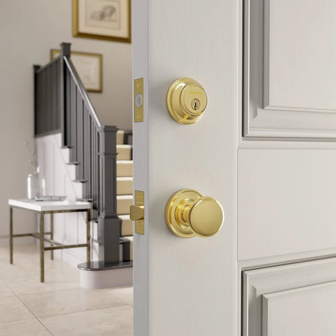 Hella Sturdy Solid Brass Smart Deadbolt With Slick Bluetooth Plus WiFi Enabled Keyless Entry Digital Door Lock In Lifetime Satin Nickel Finish showing door handle and lock.