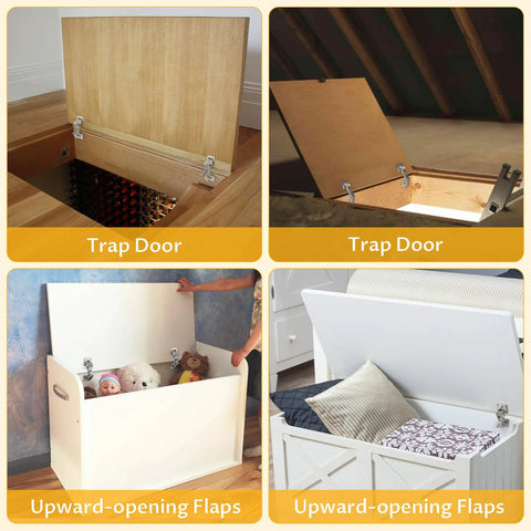 Collage of four images showing trap doors and upward-opening flaps with soft-close hinges installed in various settings.