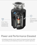 Cutaway view of Powerful 0.75 Horsepower Garbage Disposal with Power Cord, showcasing Vortex motor and SoundSHIELD for quiet operation.