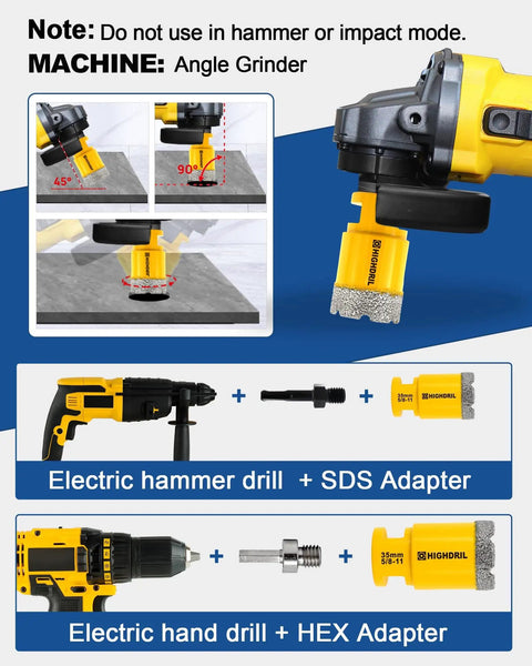 13-Piece Diamond Tile Hole Saw Kit For Ceramic Porcelain Granite Marble used with electric drill and angle grinder.