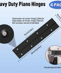 4 Pack 8 Inch Heavy Duty Piano Hinges Built Like A Tank For Rock Solid Cabinet Doors And Furniture Builds Featuring Smooth Black Stainless Steel Finish And Quick No Sweat Installation With All Screws, showing dimensions and end cap details.