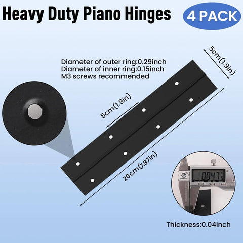 4 Pack 8 Inch Heavy Duty Piano Hinges Built Like A Tank For Rock Solid Cabinet Doors And Furniture Builds Featuring Smooth Black Stainless Steel Finish And Quick No Sweat Installation With All Screws, showing dimensions and end cap details.