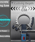 Straight Shooting 8800W Electric Concrete Saw And 270mm Circular Groove Chaser Rig featuring cutting depth of 27 cm.