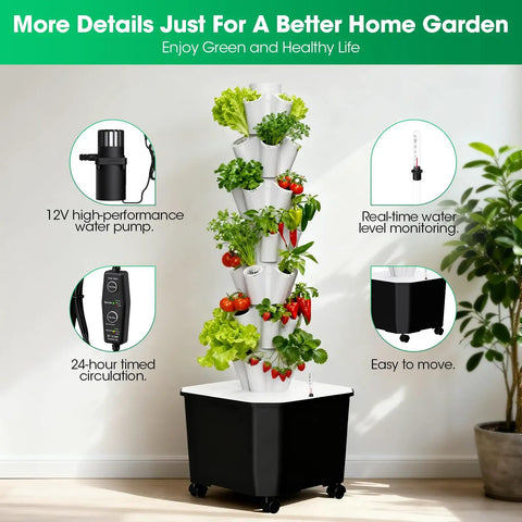 7 Layer 35 Pod Hydroponic Tower Garden System With 12V Pump And 24 Hour Smart Timer For Indoor Outdoor Growing