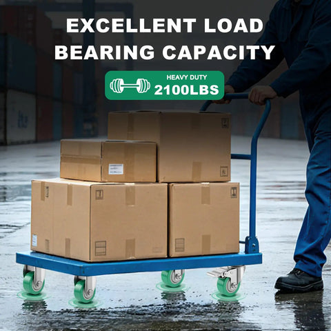 Heavy Duty 3 Inch Stainless Steel Caster Wheels Set Of Four 304 Metal Casters Rust Proof Anti Corrosion Swivel Brakes on blue cart with boxes.