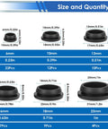 Size chart of 65 Pcs Rubber Plugs For Round Holes Set In 6 Sizes Including One Inch Three Quarters Inch Five Eighths Inch One Half Inch