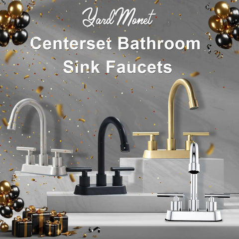 Variety of centerset bathroom sink faucets including brushed nickel, black, and gold finishes with dual handles on display.
