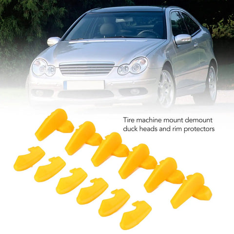 Six Pack Tire Changer Rim Protectors: Universal Wheel Edge Inserts shown with a car, durable plastic kit for mount and demount