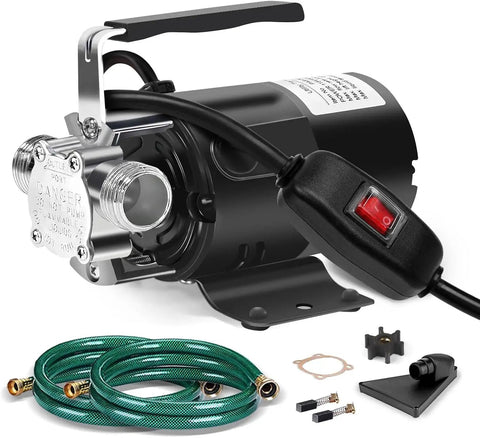 Water Transfer Pump 115V One Tenth HP Electric Utility Pump with on off switch, two 6 ft hoses for draining pools, ponds, aquariums