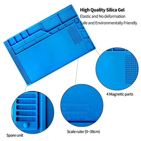 Pro Grade Large Silicone Soldering Mat With Magnetic Parts Layout Built In Ruler For Electronics Computer Repair 21.6 By 13.8 Inches Heat Resistant Insulation Soldering Station Pad With 124 Screw Positions 4 Magnetic Areas 18 Notches 49 Spare Units