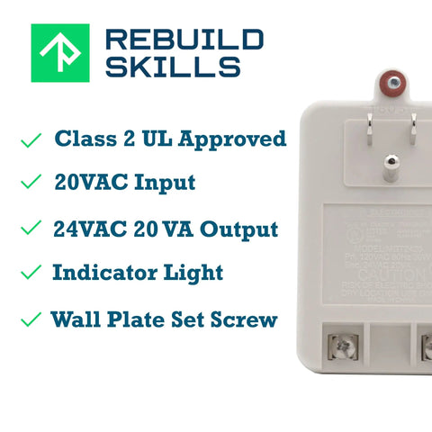 24V AC Transformer 20 VA 830 mA Output UL Approved With Screw Terminals and Green LED, 120V Input, side view with features listed