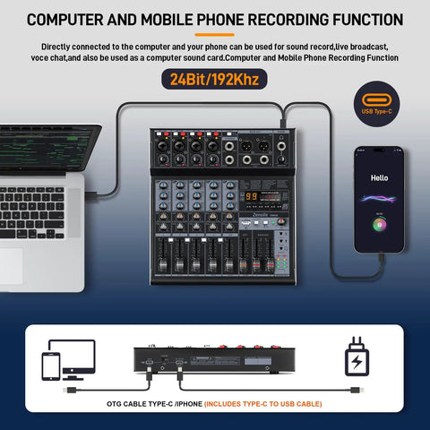 Six Channel Audio Mixer With USB Audio Interface And Bluetooth, 24 Bit 192 kHz Recording connecting to laptop and phone