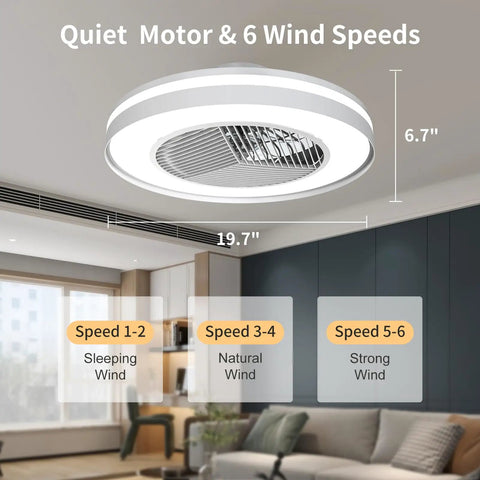 Bladeless 20 Inch Ceiling Fan With Lights Remote Control Dimmable Lighting Semi Flush Mount Enclosed Design Matte White