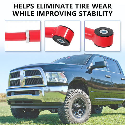 Beefy Adjustable Front Track Bar For Dodge Ram 2500HD 3500HD 2003 2013 Fits 2 To 6 Inch Lift Eyelet To Eyelet 1000 To 1100 Millimeters For On Road And Off Road Steering Upgrade, red steel adjustable bar on lifted Ram truck