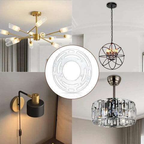 Two Pack Universal Light Fixture Mount Brackets With Four Inch Round Junction Box Adapter And Decorative Hardware shown with modern chandelier designs.