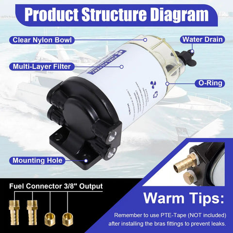 Fuel Water Separator Marine Kit For Outboard Motors With Three Eighth Barb And One Quarter NPT Brass Fittings features diagram