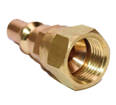 RV Propane Quick Connect Fittings One Quarter Inch To Three Eighth Inch Female Flare For Low Pressure Gas Appliances Like Grills Heaters Fire Pits And RV Quick Connect Hook Up Kit brass adapter close-up
