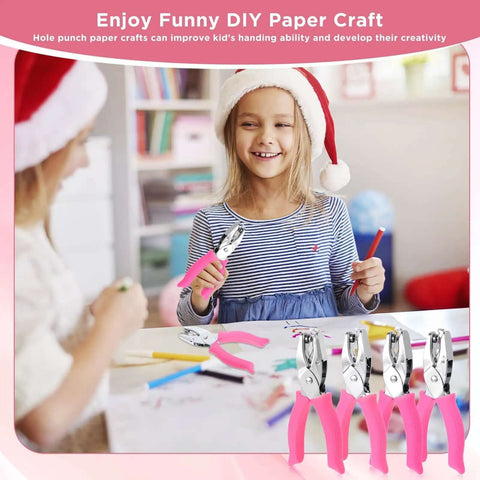 Children using Grab And Go Four Piece One Quarter Inch Hole Punch Set With Circle Heart Star Triangle Shapes for crafting