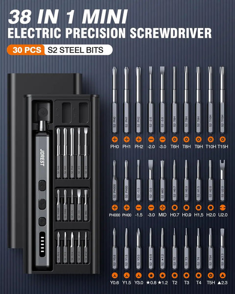 Cordless Precision Mini Electric Screwdriver Kit with 38 magnetic bits and S2 steel bit set in black case.