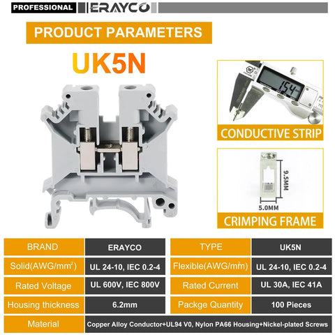 Beefy DIN Rail Terminal Block With Screw Clamp Heavy Duty 600V 30A 30 To 10 AWG Nylon PA66 Housing Copper Bodies Nickel Plated Screws Universal Mounting Foot Pack Of 100, UK5N type, 6.2mm housing thickness, rated current UL 30A.