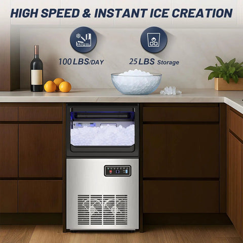 Nugget Ice Maker Machine With 100 Lbs Per Day Output, Stainless Steel Under Counter Ice Machine With 25 Lbs Storage Capacity