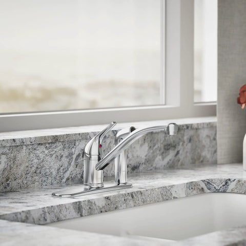 Jolt Swing Spout With Integrated Side Spray on kitchen sink, heavy-duty metal faucet for deck mounted widespread 2-hole install.