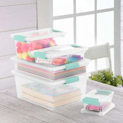 12 Pack Clip Box Stackable Clear Plastic Storage Bins With Latching Lids For Small Items Organization At Home, Office, Classroom.