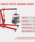 Heavy Duty 2 Ton 4400 Lbs Engine Hoist Folding Alloy Steel Cherry Picker lifting an engine with a steel frame and adjustable boom.