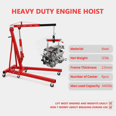 Heavy Duty 2 Ton 4400 Lbs Engine Hoist Folding Alloy Steel Cherry Picker lifting an engine with a steel frame and adjustable boom.